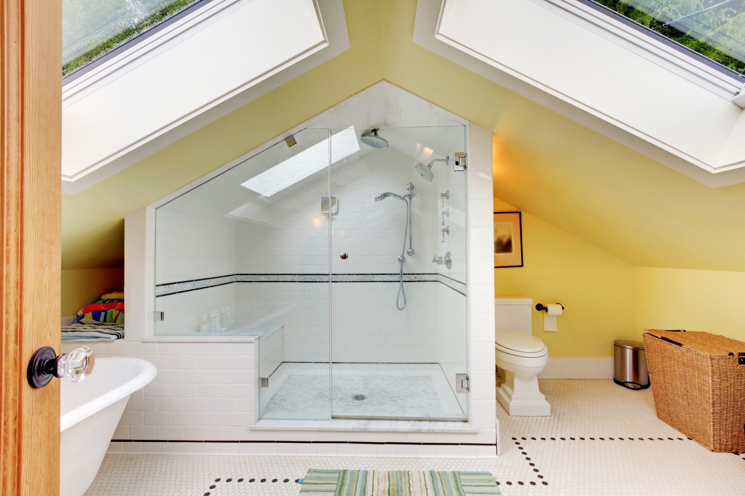Attic small modern bathroom with yellow walls