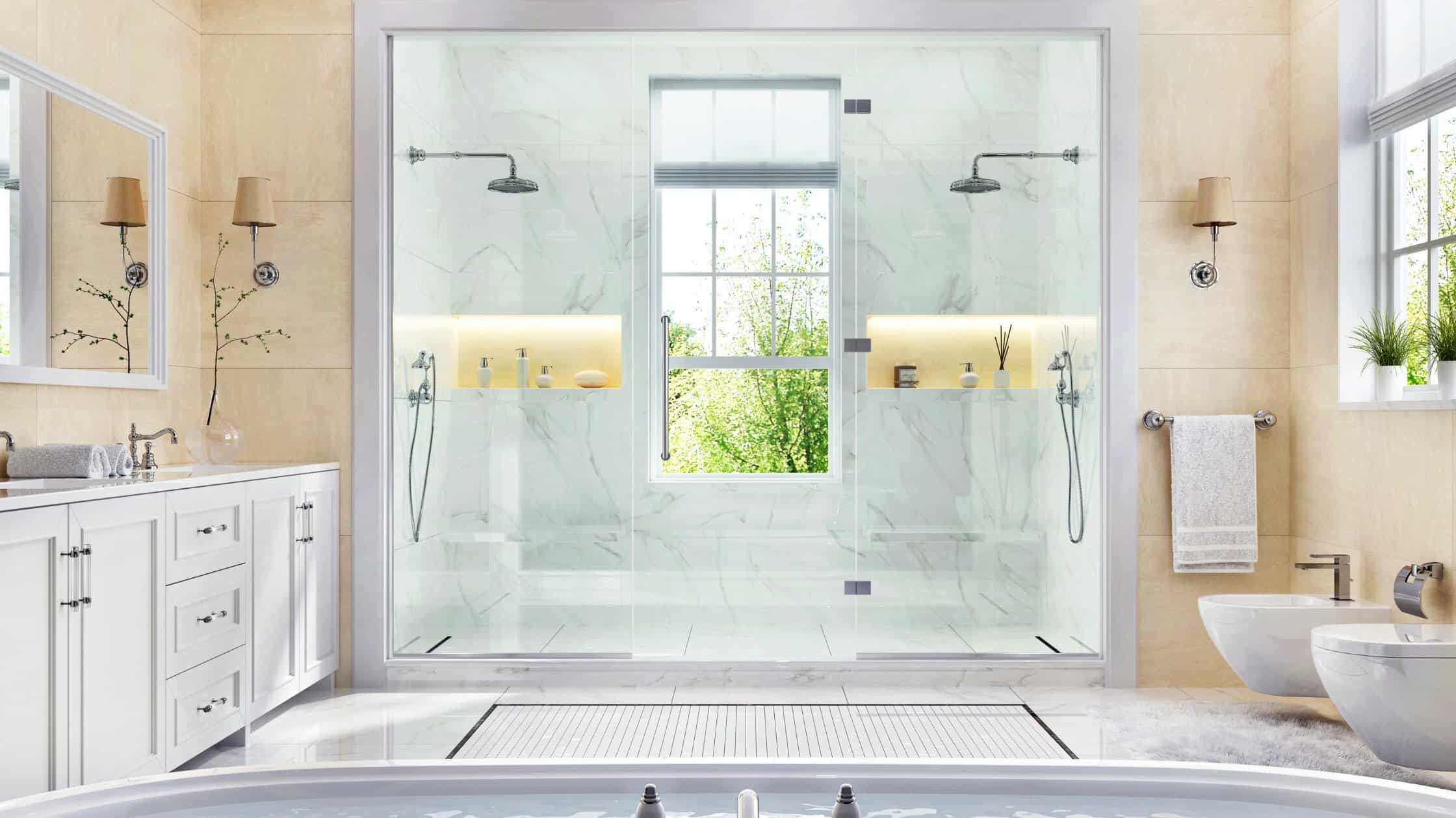 Modern Shower Enclosure Elegant glass shower enclosure with dual showerheads in a bright, modern bathroom.