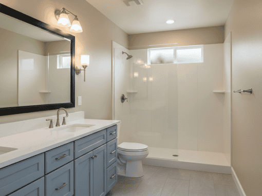 Modern bathroom with blue vanity and walk-in shower.