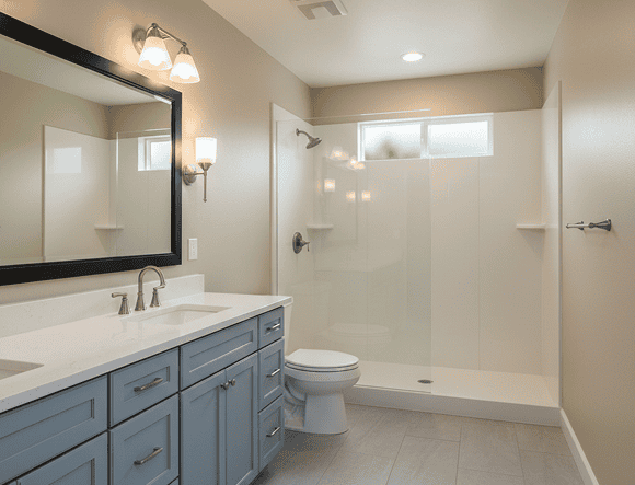 Modern bathroom with blue vanity and walk-in shower.