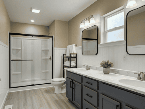 Modern bathroom with dual sinks and a spacious shower. Perfect for contemporary home upgrades.