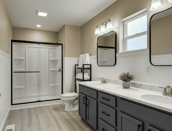 Modern bathroom with dual sinks and a spacious shower. Perfect for contemporary home upgrades.