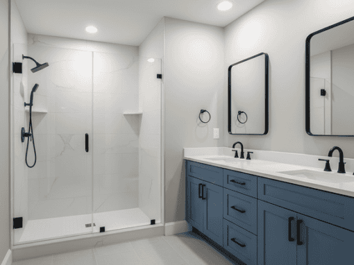 Contemporary bathroom with walk-in shower and double vanity in a sleek, modern style.
