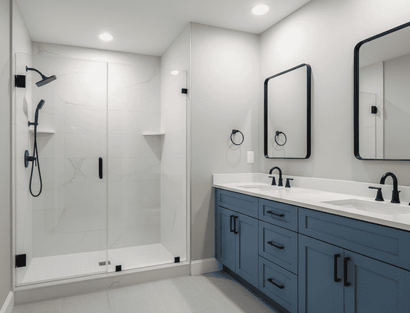 Contemporary bathroom with walk-in shower and double vanity in a sleek, modern style.