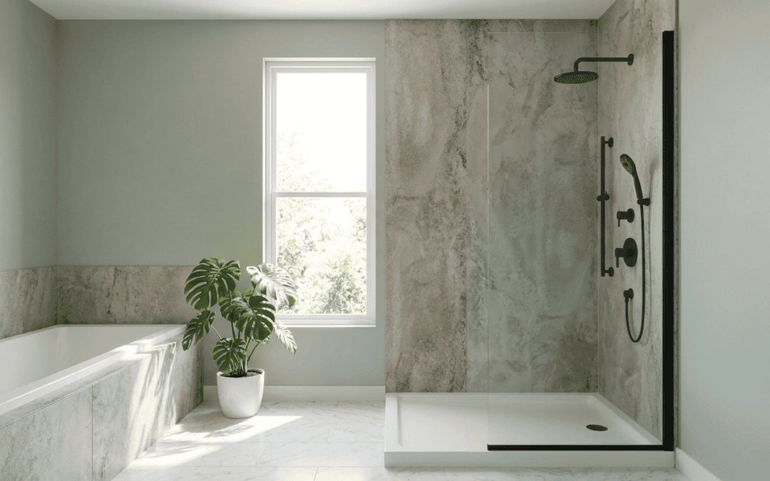 Modern bathroom with walk-in shower, natural light, and minimalist design.