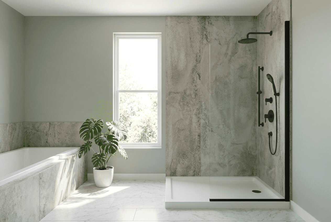 Modern bathroom with walk-in shower, natural light, and minimalist design.