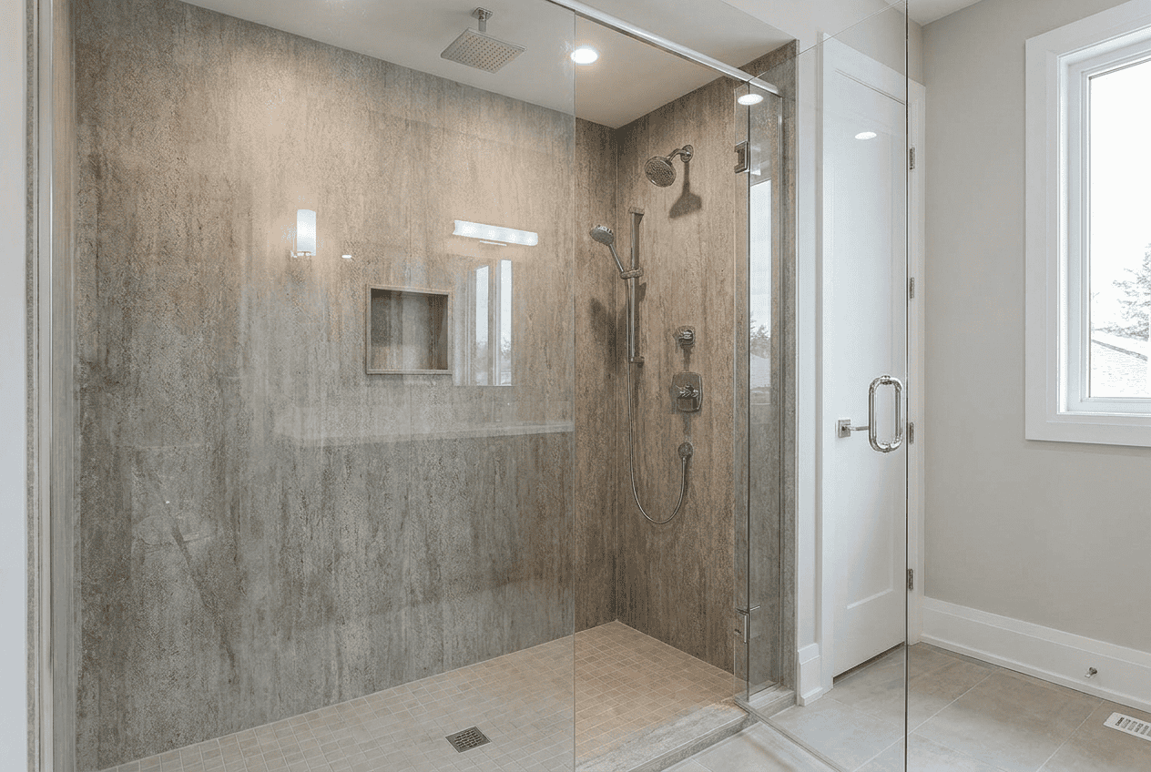 Modern walk-in shower with glass enclosure and beige tile walls at Blue Mountain Bathrooms.