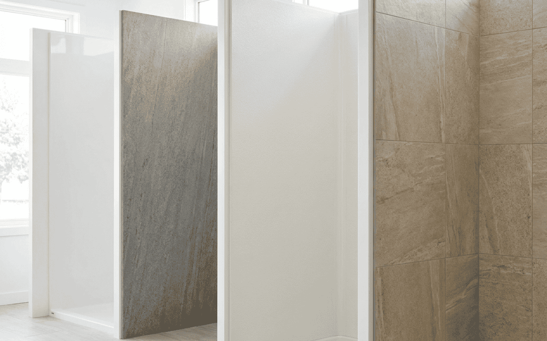 Modern bathroom shower stalls with different tile designs and privacy panels.