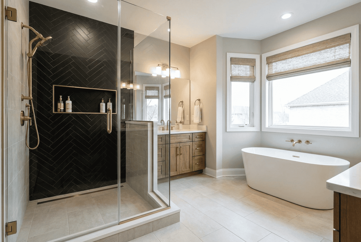 Modern bathroom with walk-in shower and freestanding bathtub in Blue Mountain Bathrooms.
