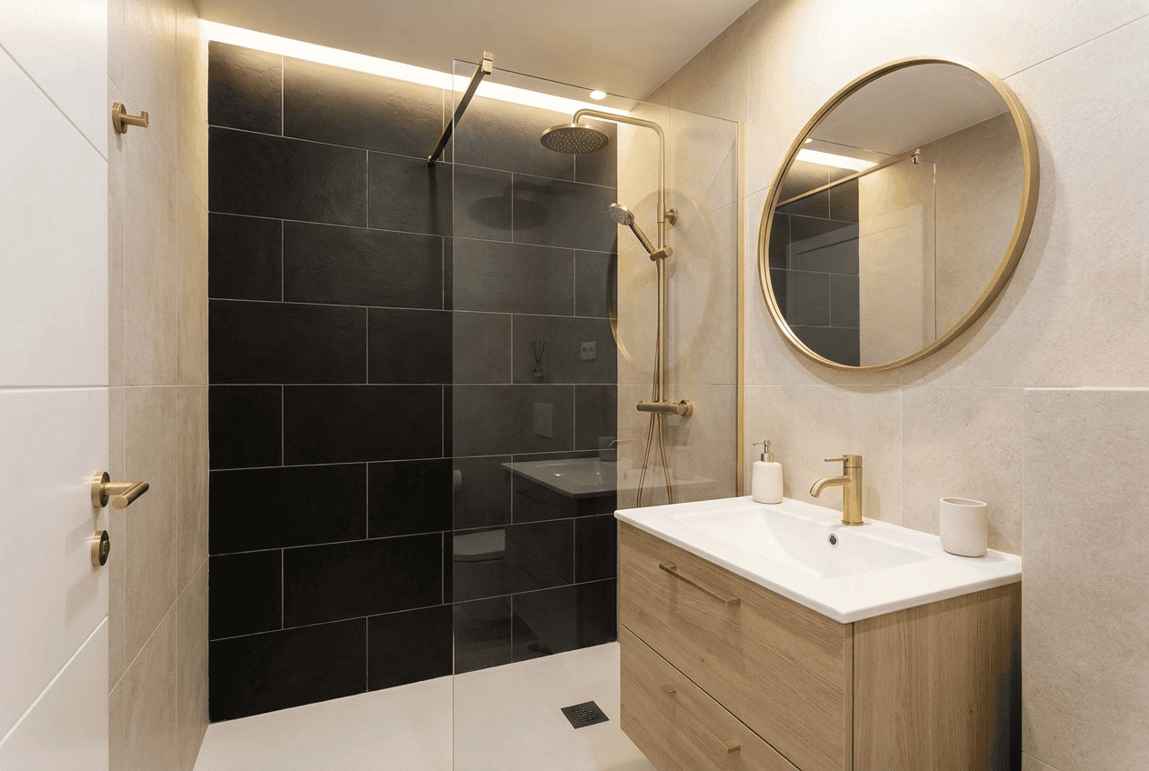 Modern bathroom with black tiles, glass shower, and wooden vanity with round mirror.