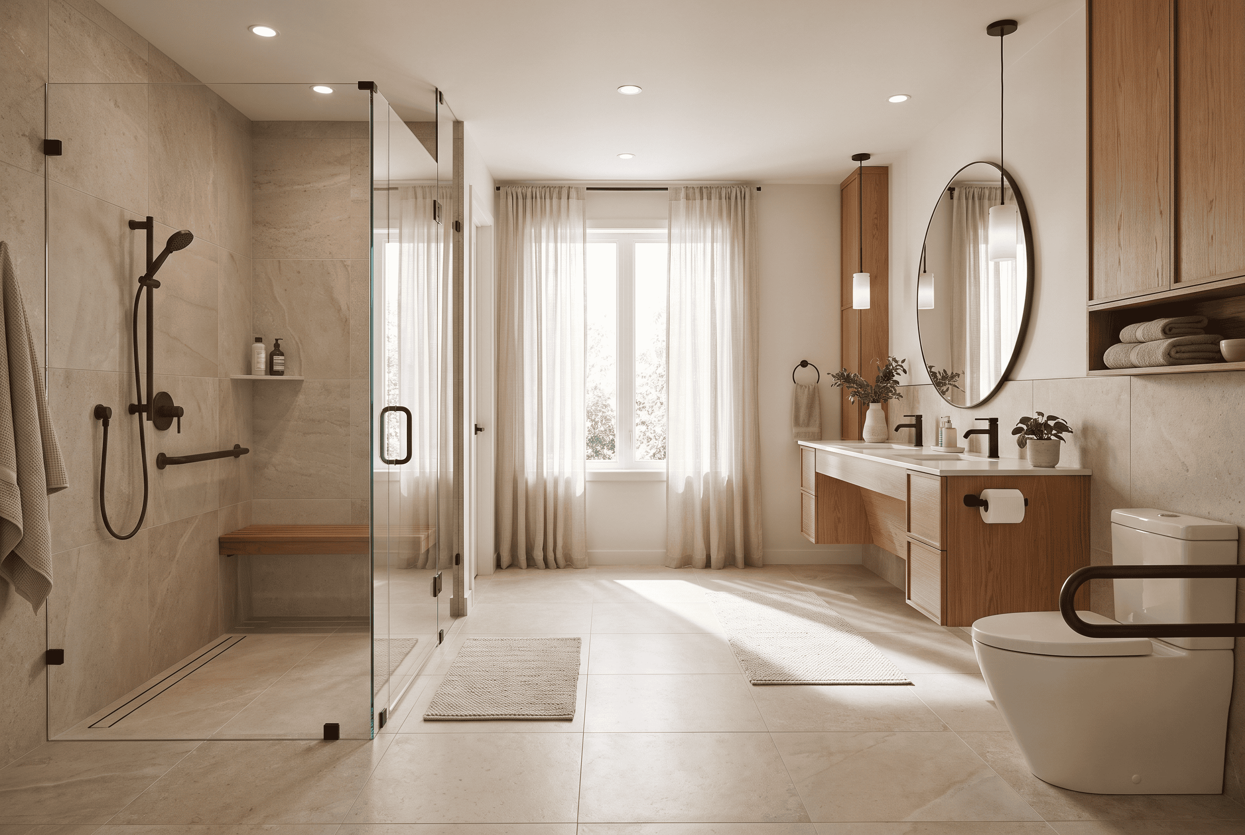 Modern bathroom with walk-in shower, large mirror, and natural light from window.