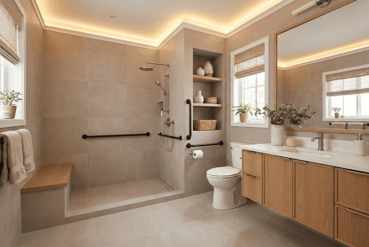 Modern bathroom with walk-in shower, wooden vanity, and natural light from windows.