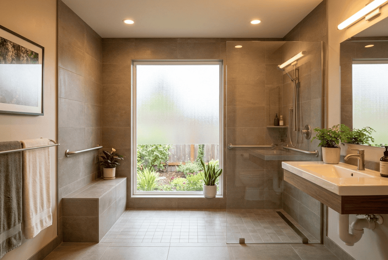 Modern bathroom with walk-in shower, large mirror, and natural light from window.