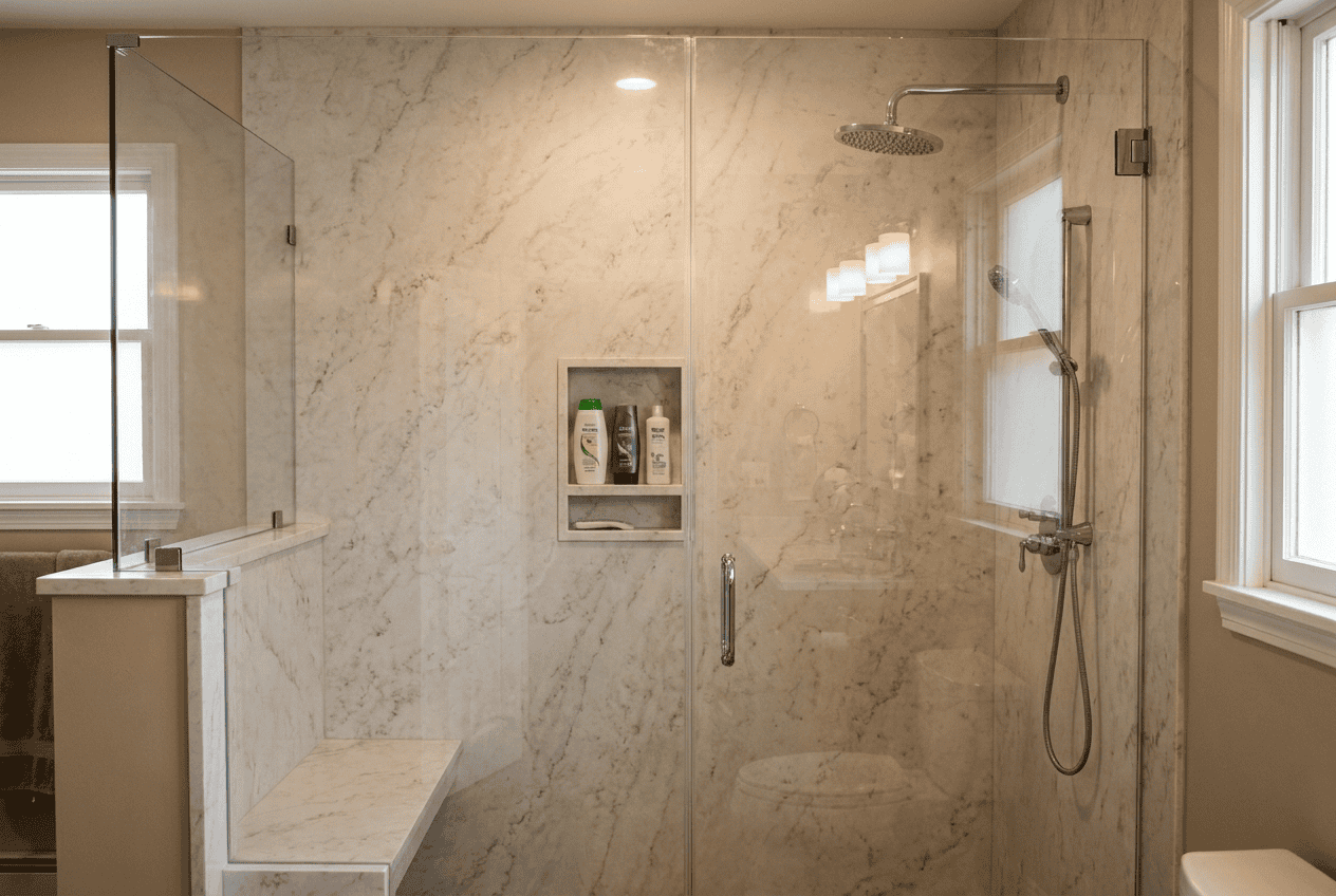 Modern marble shower with glass enclosure and built-in niche at Blue Mountain Bathrooms.