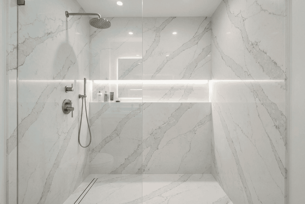 Modern marble shower with glass partition and sleek fixtures.